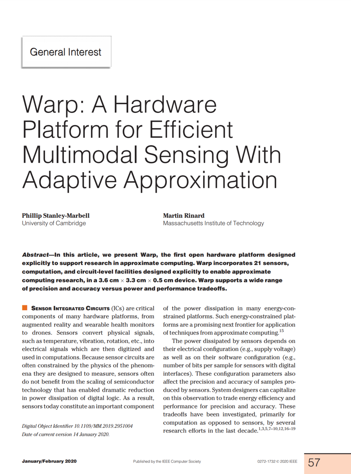 Warp: A Hardware Platform for Efficient Multimodal Sensing With Adaptive Approximation