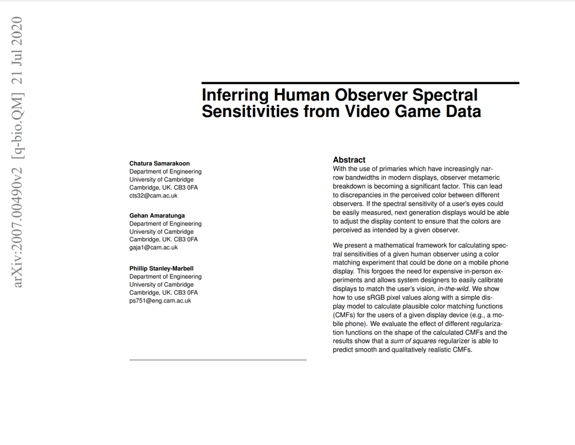 Inferring Human Observer Spectral Sensitivities from Video Game Data