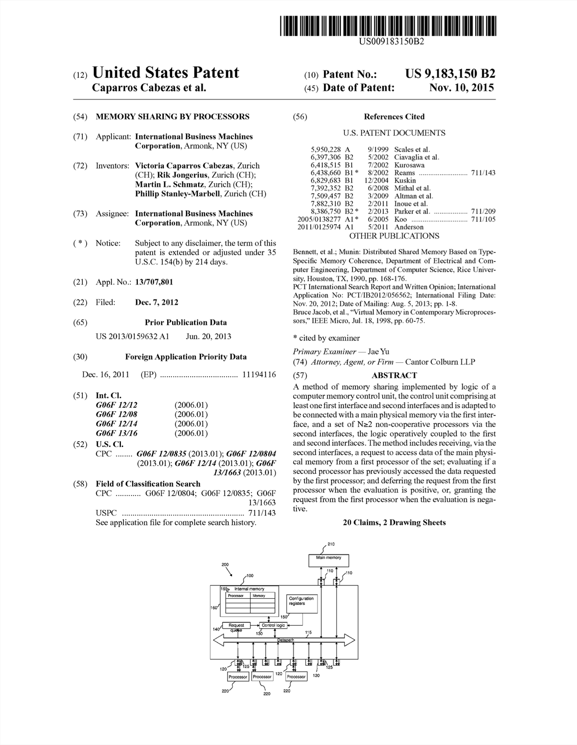 Memory Sharing by Processors (US Patent #9183150, Granted November 2015)