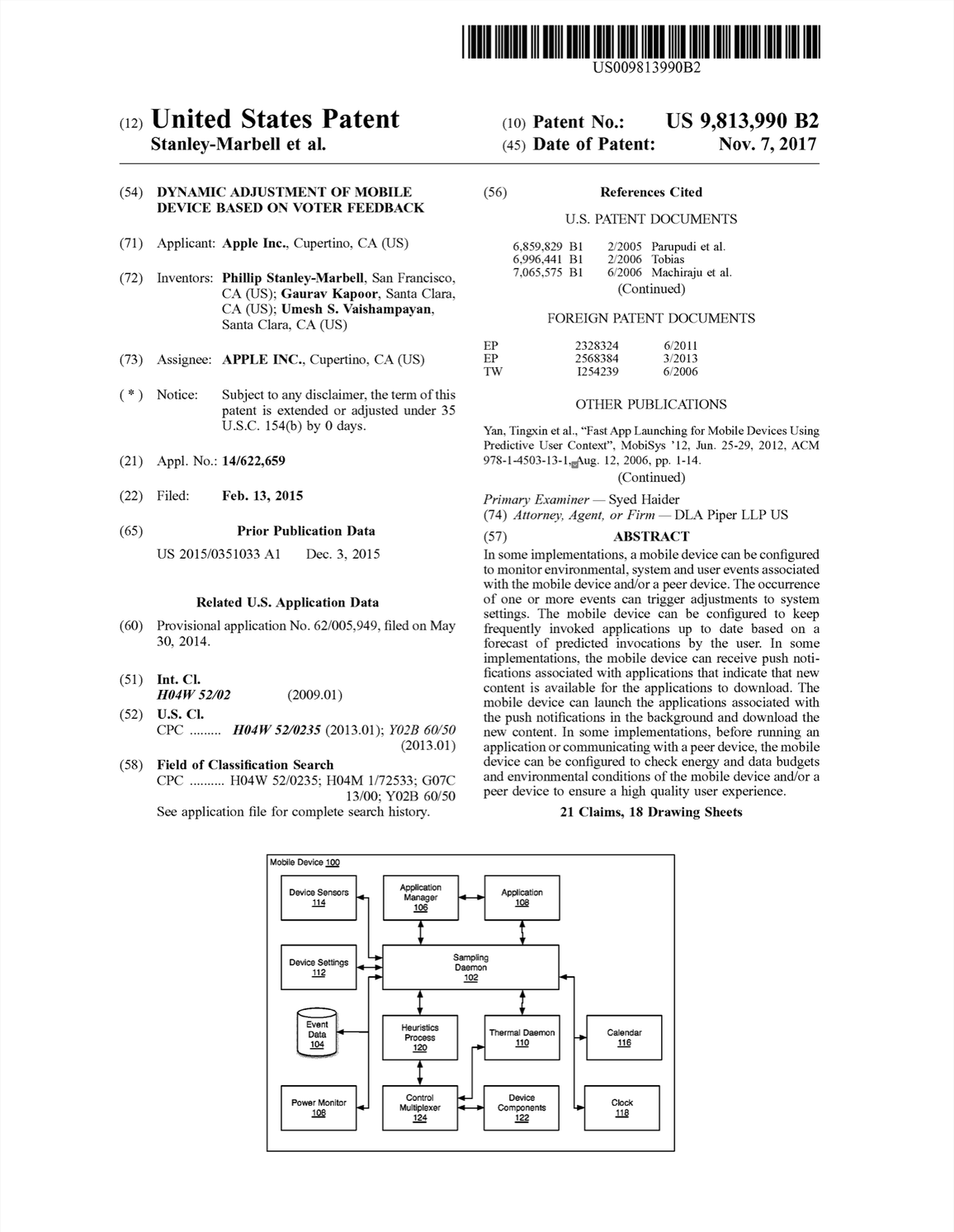 Dynamic Adjustment of Mobile Device Based on Voter Feedback (US Patent #9813990, Granted November 2017)