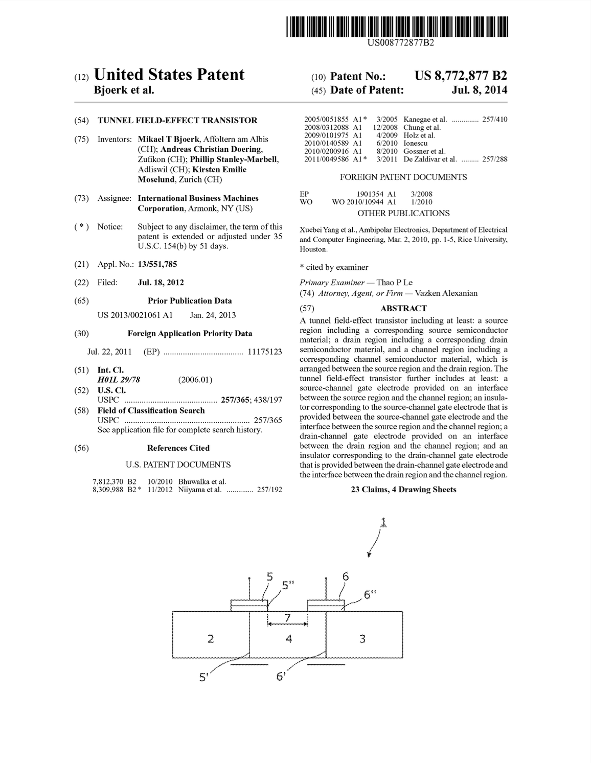Tunnel Field-Effect Transistor (US Patent #8772877, Granted July 2014)