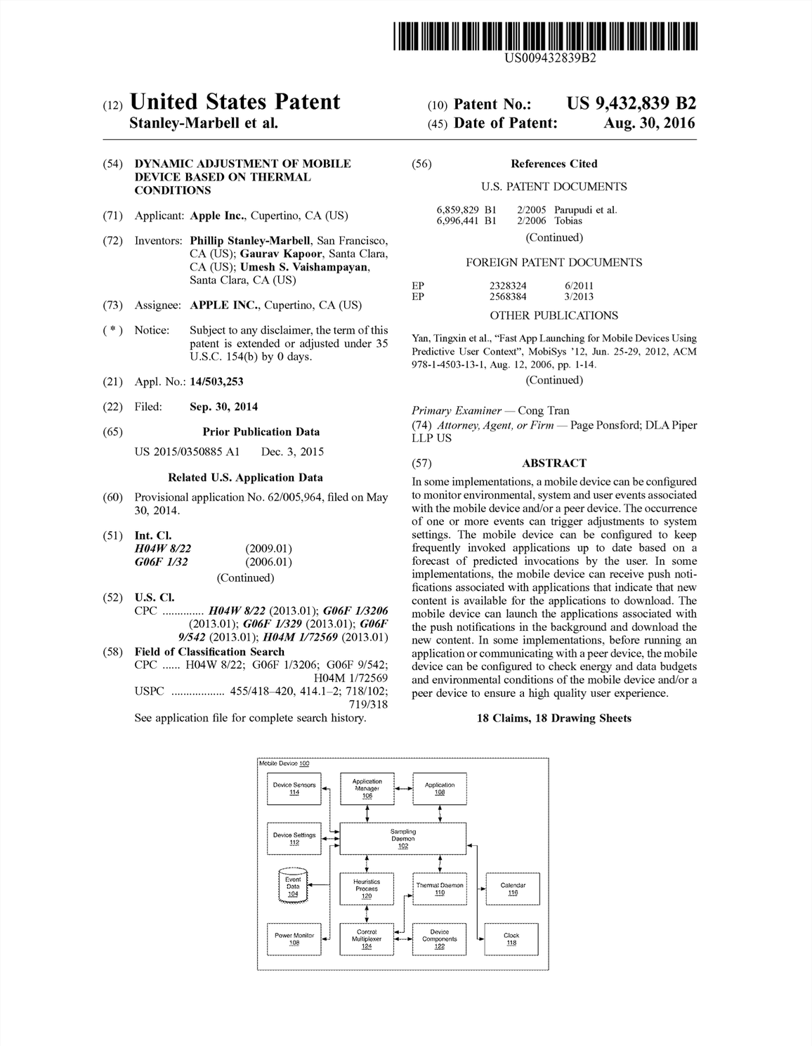 Dynamic Adjustment of Mobile Device Based on Thermal Conditions (US Patent #9432839, Granted August 2016)