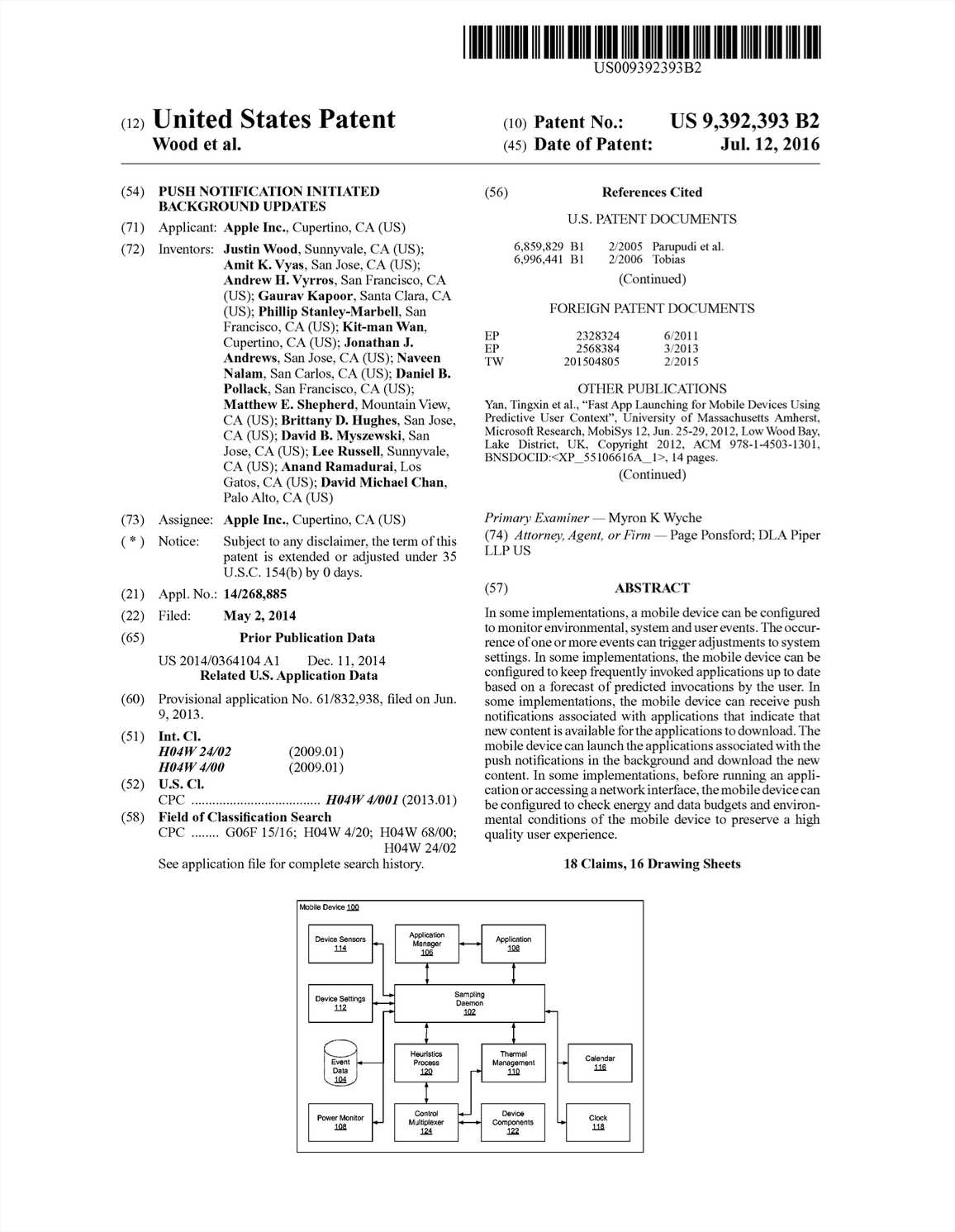 Push Notification Initiated Background Updates (US Patent #9392393, Granted July 2016)