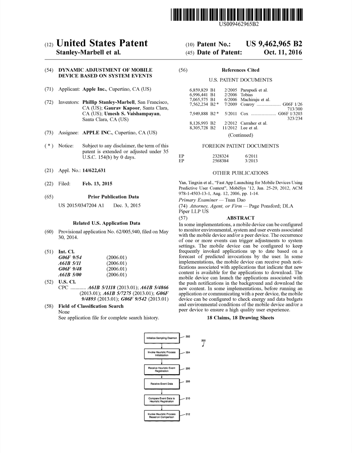 Dynamic Adjustment of Mobile Device Based on System Events (US Patent #9462965, Granted October 2016)