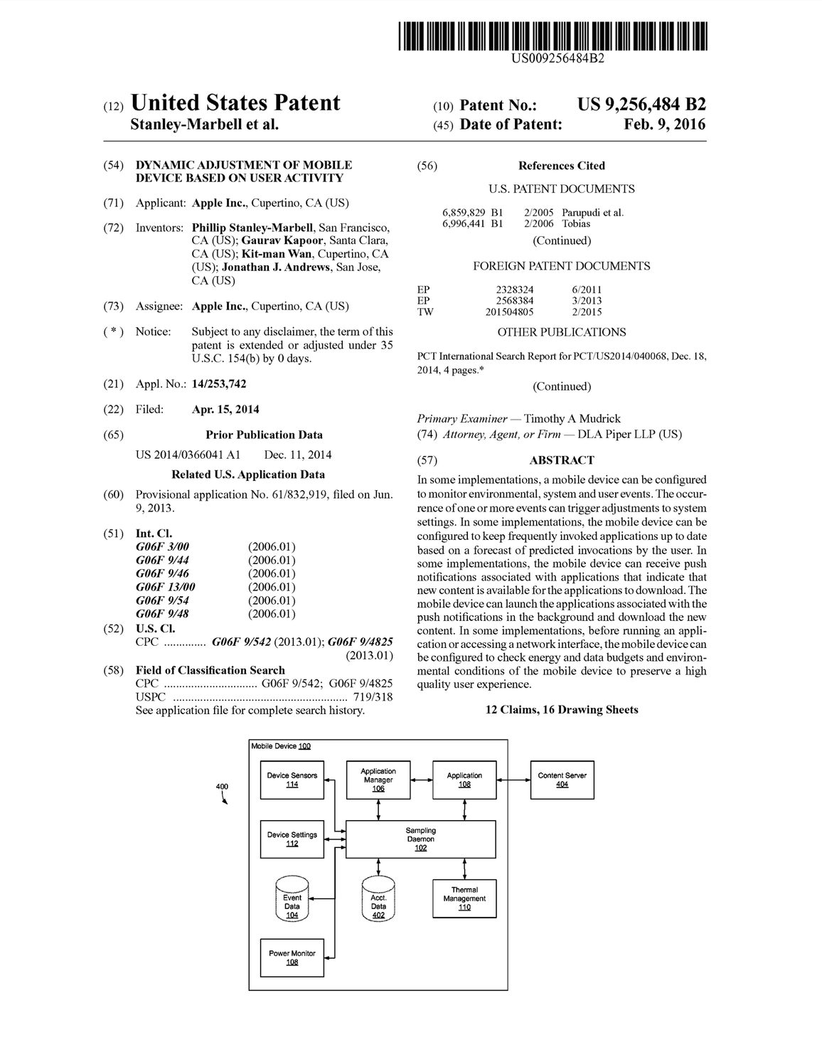 Dynamic Adjustment of Mobile Device Based on User Activity (US Patent #9256484, Granted February 2016)