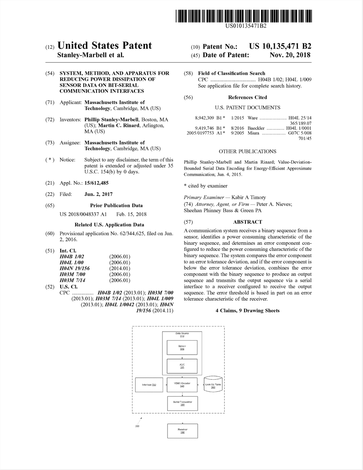 System, Method, and Apparatus for Reducing Power Dissipation of Sensor Data on Bit-Serial Communication Interfaces (US Patent #10135471, Granted November 2018)