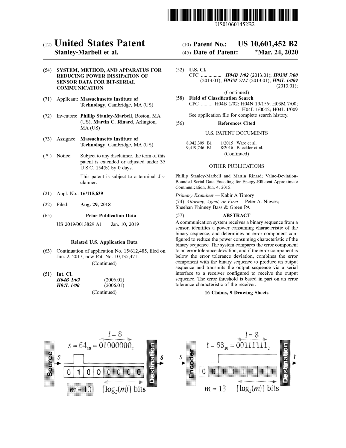 System, method, and apparatus for reducing power dissipation of sensor data for bit-serial communication (US Patent #10601452, Granted March 2020)