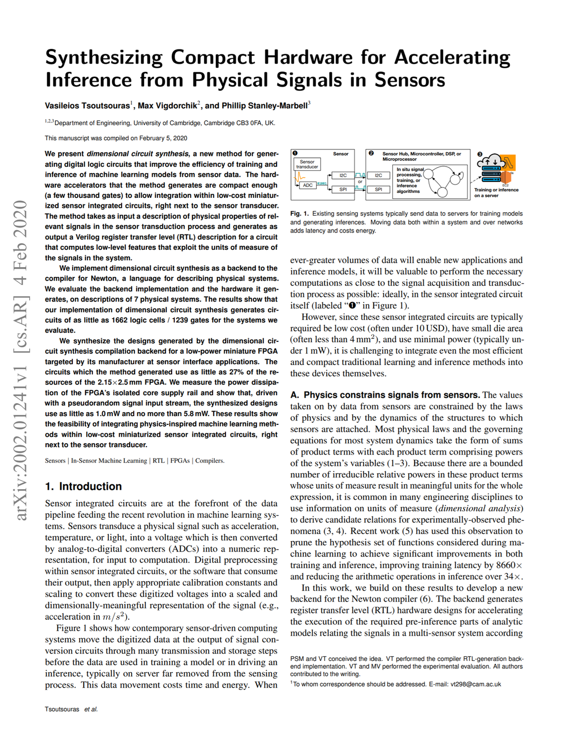 Synthesizing Compact Hardware for Accelerating Inference from Physical Signals in Sensors