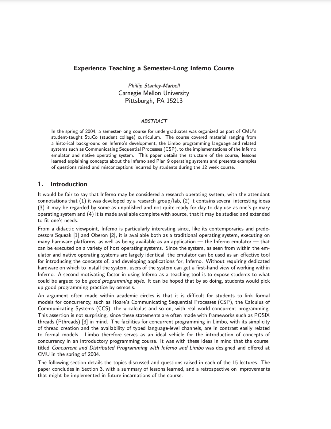 Experience Teaching a Semester-Long Inferno Course