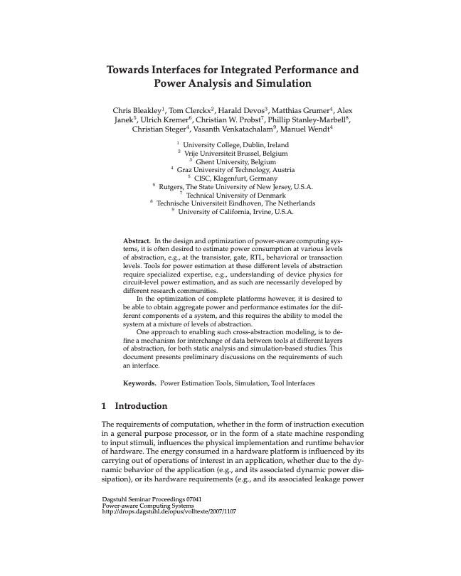 Towards Interfaces for Integrated Performance and
Power Analysis and Simulation