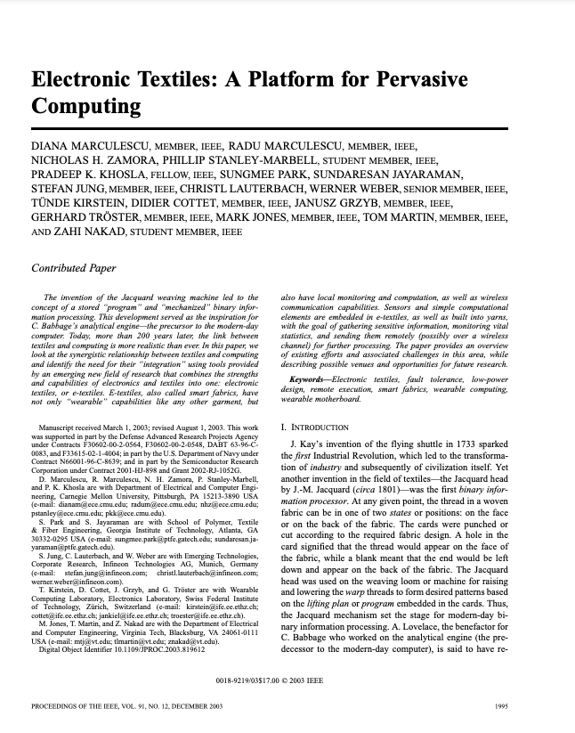 Electronic textiles: A platform for pervasive computing