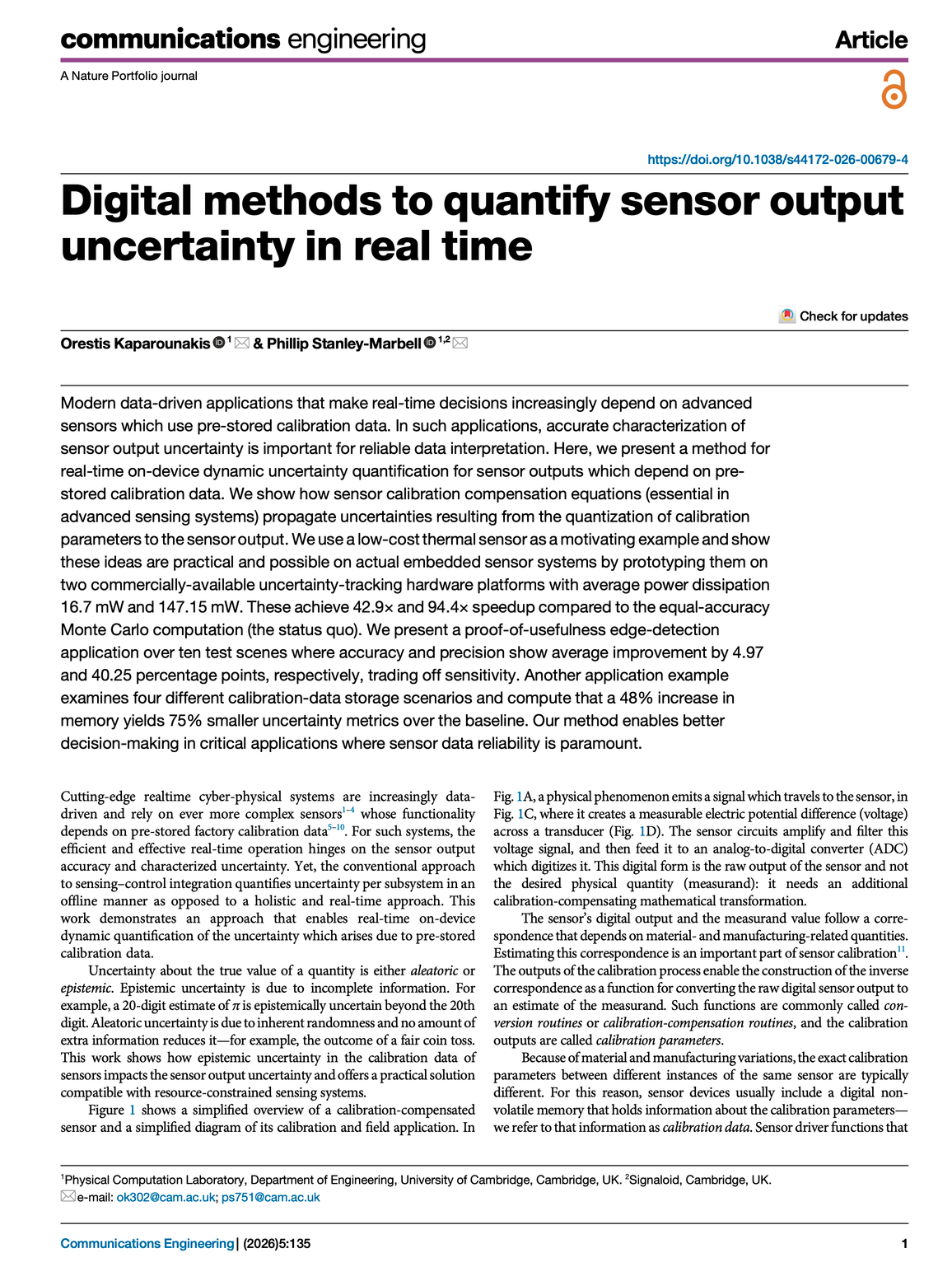Digital methods to quantify sensor output uncertainty in real time