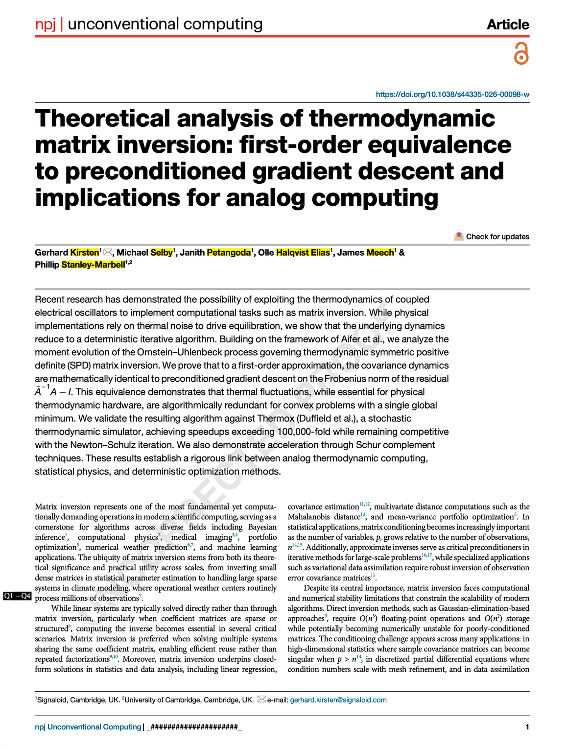 Theoretical analysis of thermodynamic matrix inversion: first-order equivalence to preconditioned gradient descent and implications for analog computing