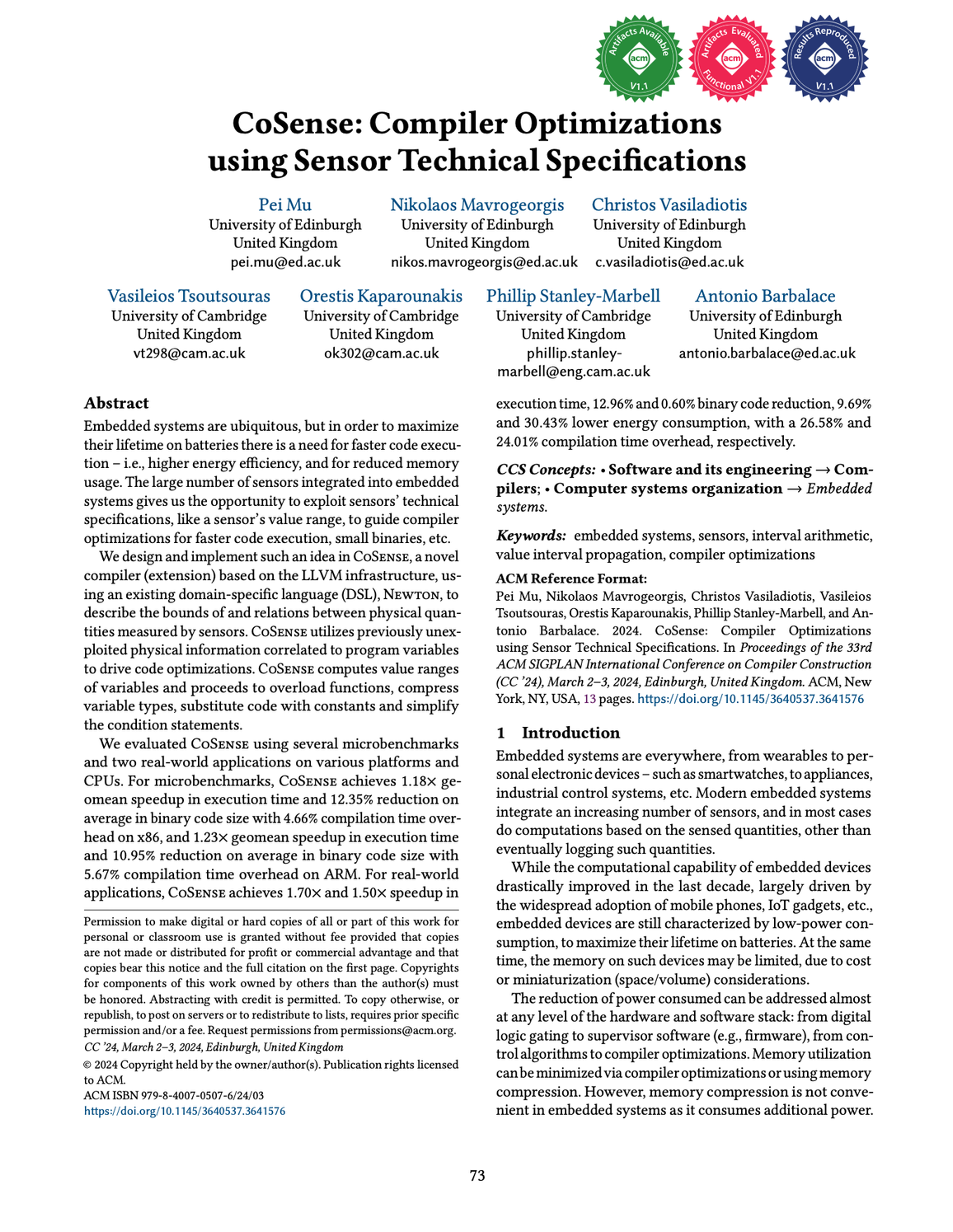 Cosense: Compiler optimizations using sensor technical specifications