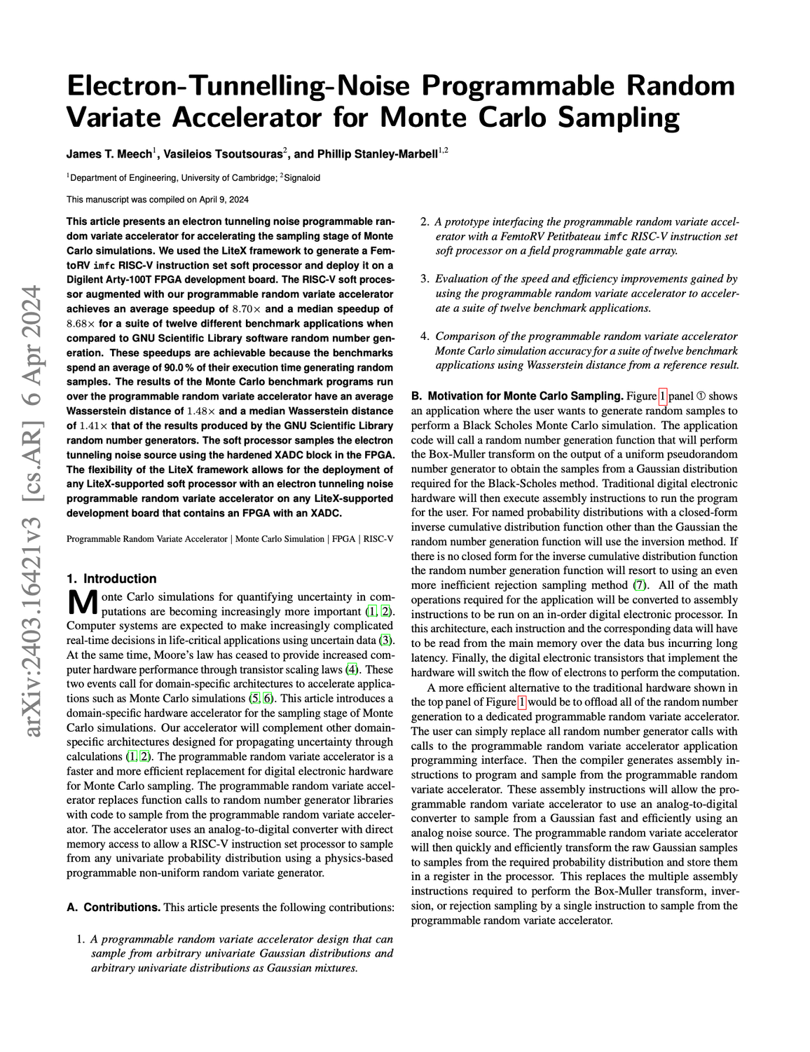 Electron-Tunnelling-Noise Programmable Random Variate Accelerator for Monte Carlo Sampling