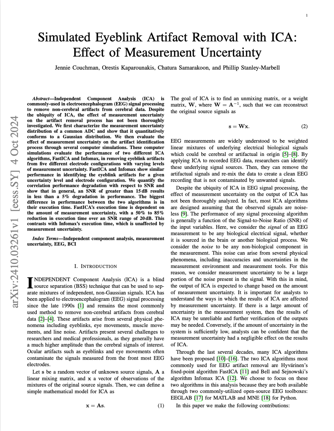 Simulated Eyeblink Artifact Removal with ICA: Effect of Measurement Uncertainty