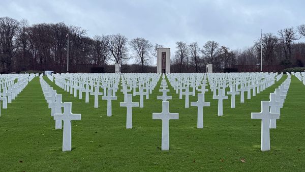 December 9, 2024: The American Cemetery in Luxembourg. Green Grass with white crosses lined up in curving rows with bare trees in the background.