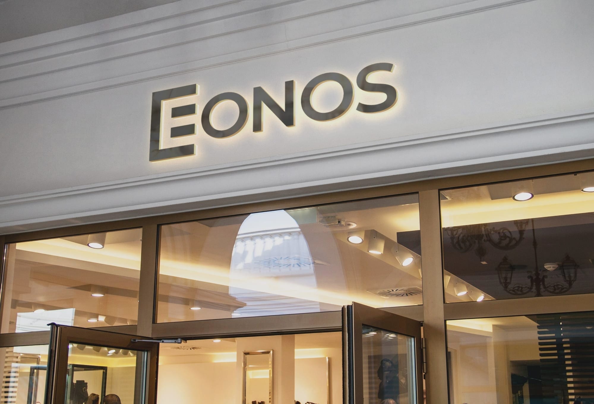 Eonos Minimal logo design shop facade logo mockup