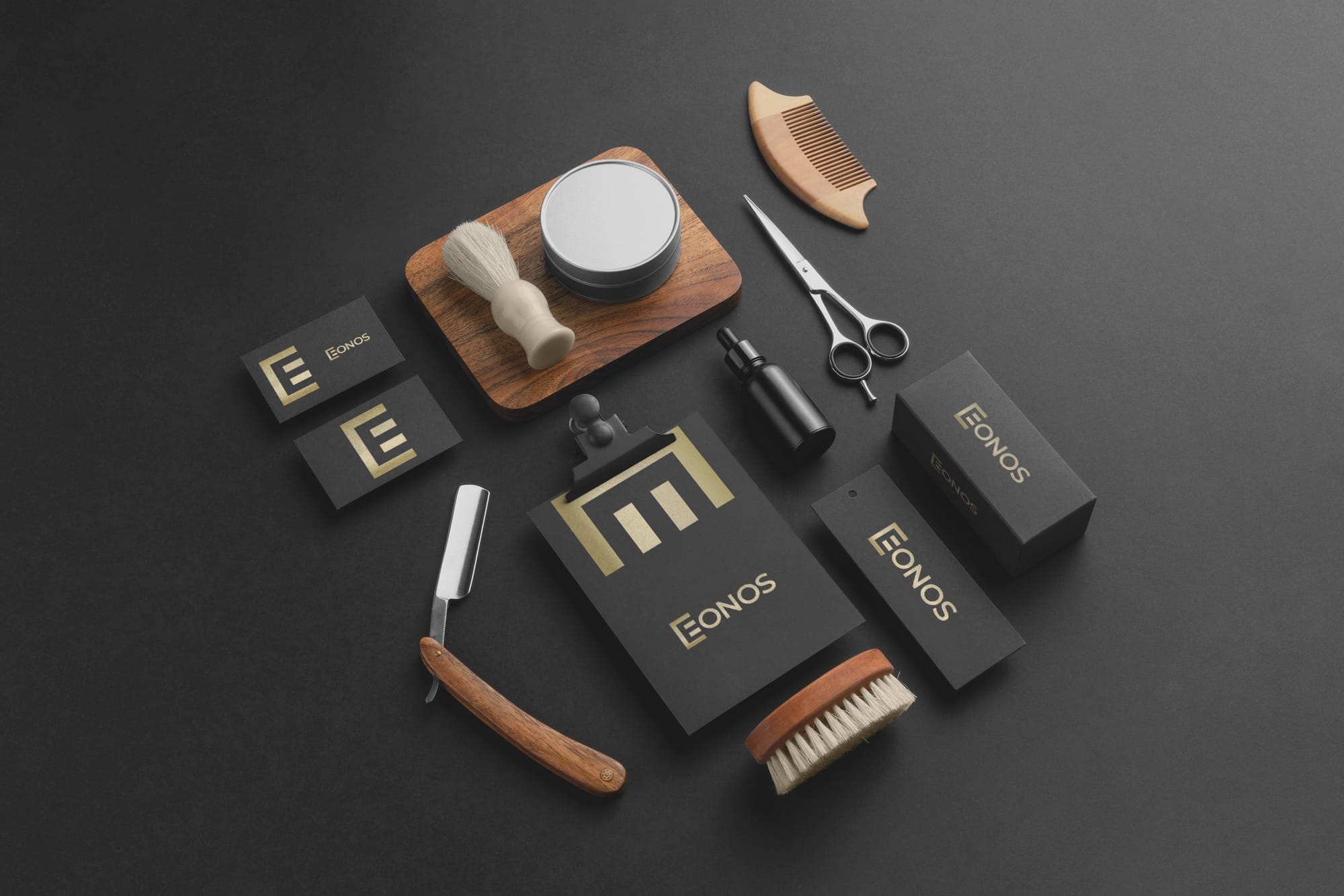 Eonos Minimal logo design barbershop branding mockup