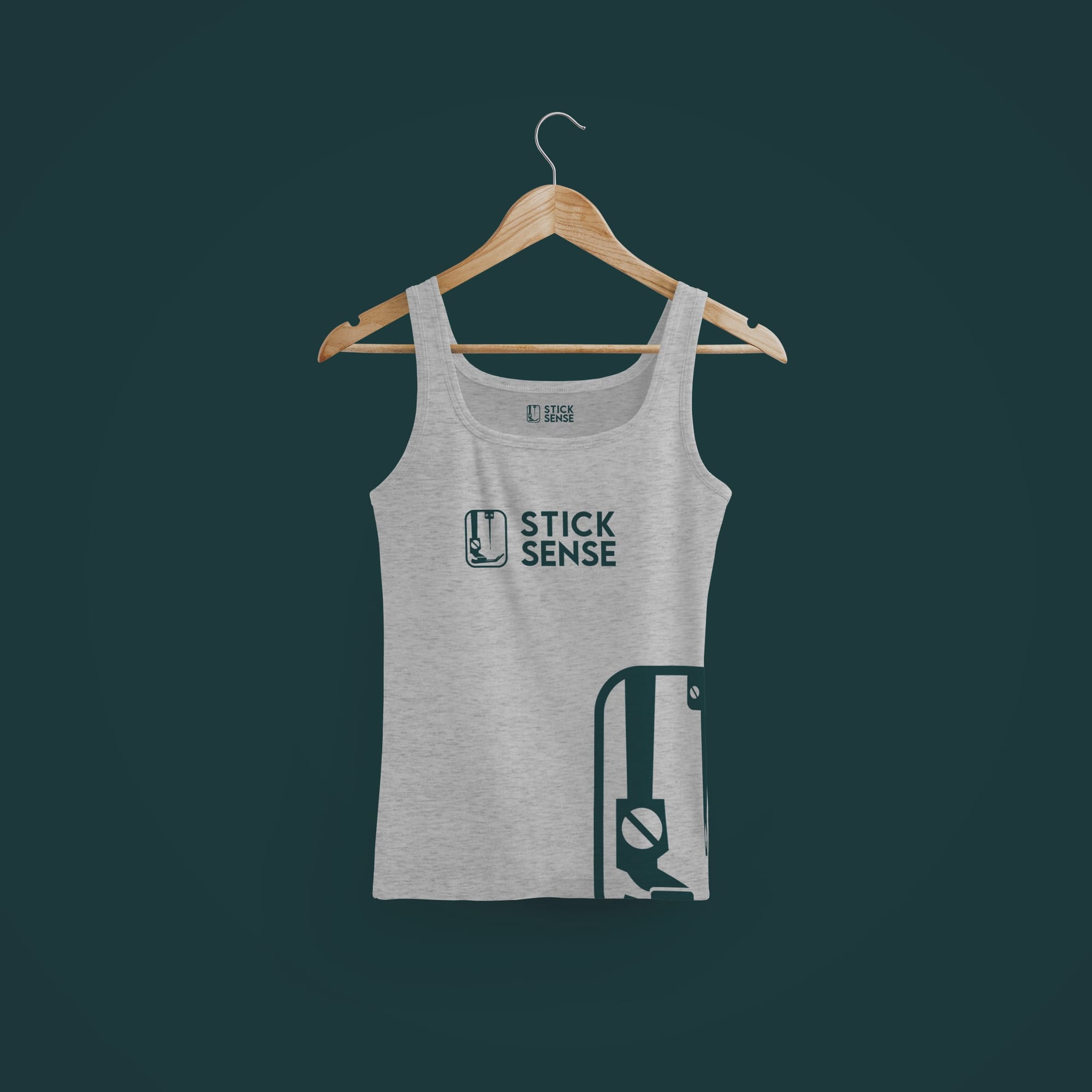 StickSense modern logo design on front tank garment