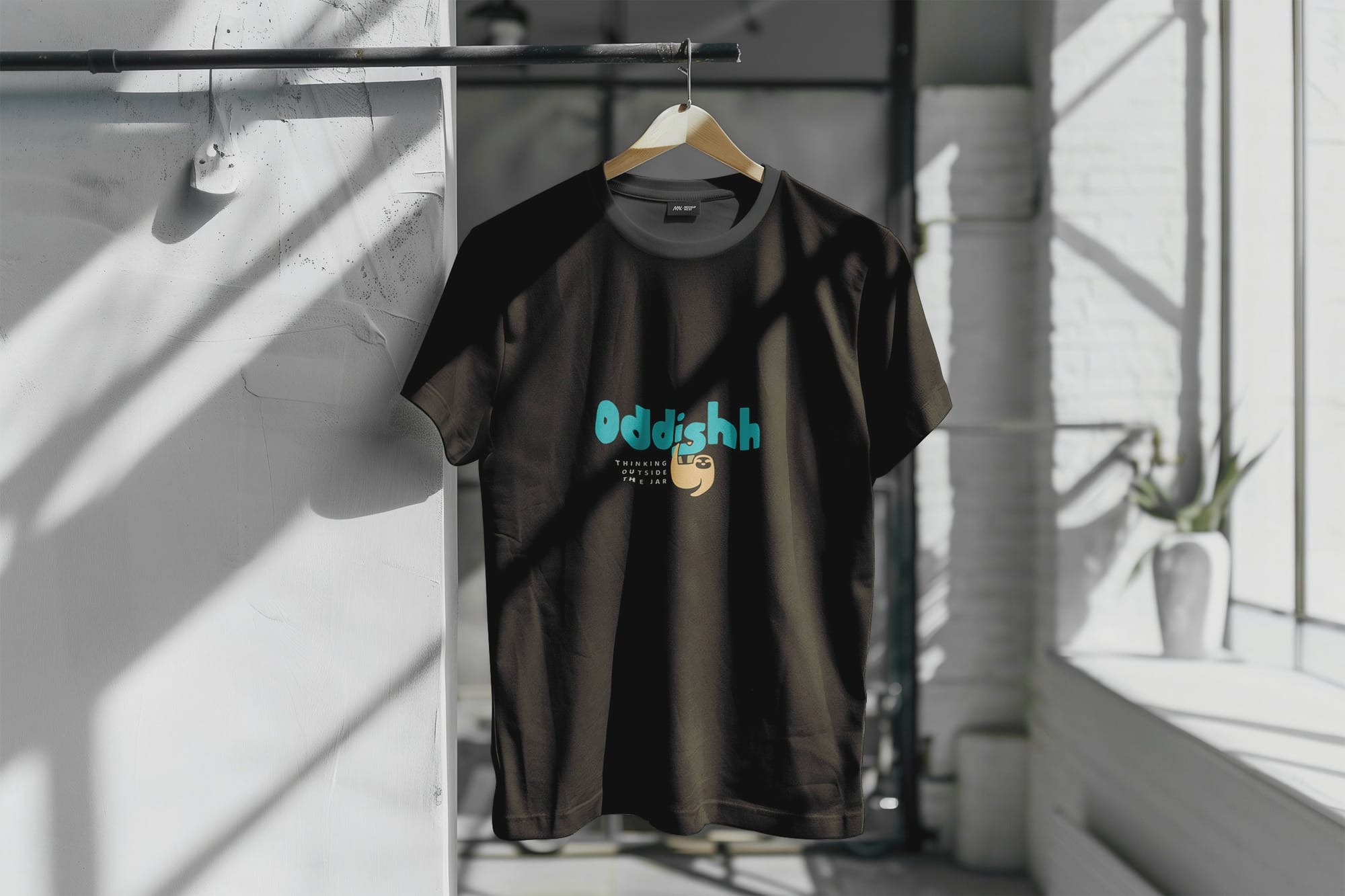 Final logo on light hanging T-shirt