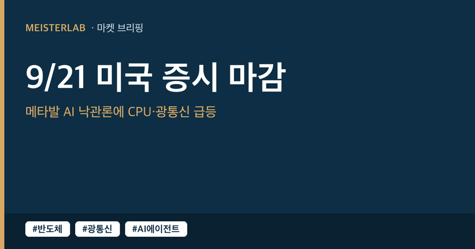 [9/22] 미국 증시 마감 시황(9/21 월) — 메타발 AI 낙관론에 CPU·광통신·가상자산까지 번진 랠리