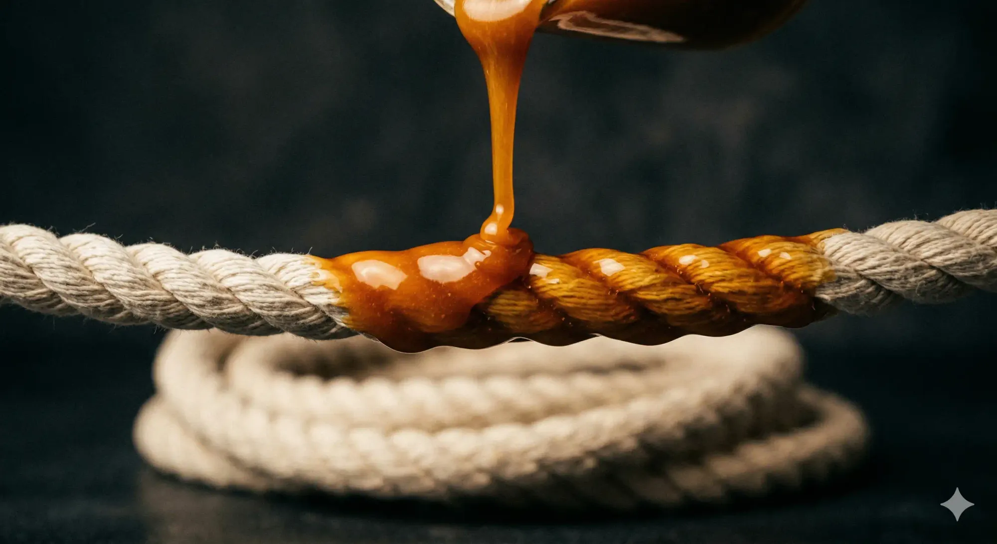 photograph of golden caramel slowly being poured over tightly wound white rope fibres, coating and stiffening them.