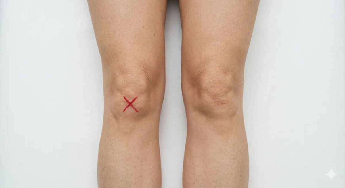 Front on view of a pair of knees with a red X marking the right knee