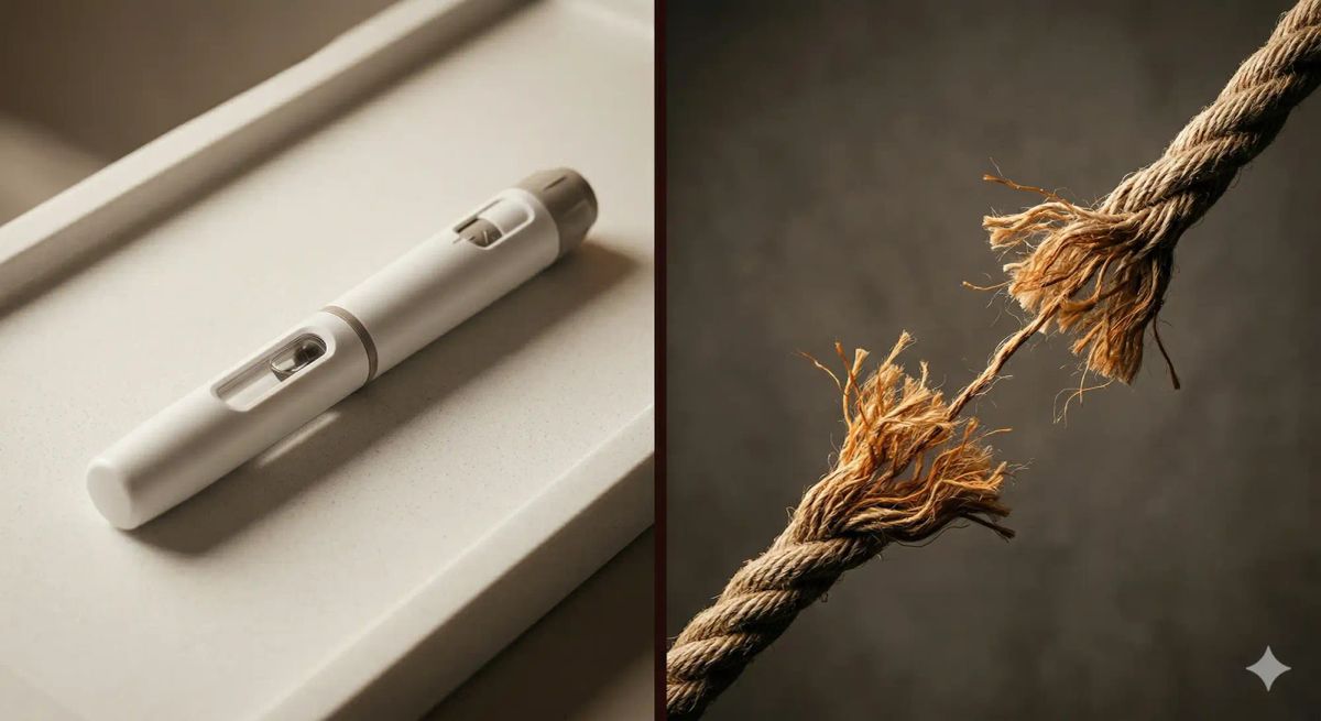 Gemini said A split-screen image juxtaposing a modern white medical auto-injector with a thick rope frayed to its last strand.