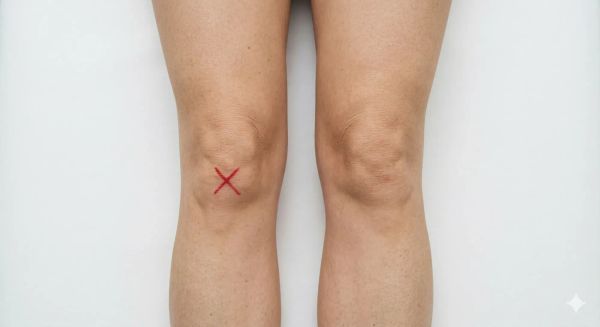 Front on view of a pair of knees with a red X marking the right knee