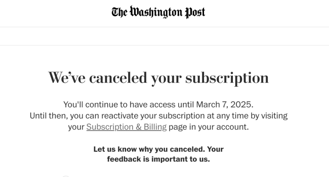 Notice of cancellation of my Washington Post subscription