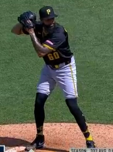 Dennis Santana set up to throw a pitch. His pants are a good three or four inches above his knee, with compression pants underneath looking like thigh-high tights or some shit.