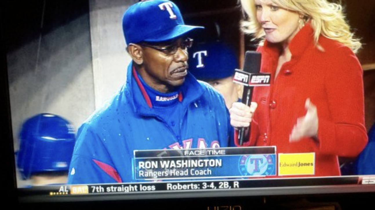 A TV screenshot of a 2011 ESPN broadcast of a Texas Rangers game in which a chryon identifies Ron Washington as "Rangers Head Coach"