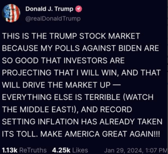 Trump Truth Social post from January 29, 2024: "“THIS IS THE TRUMP STOCK MARKET BECAUSE MY POLLS AGAINST BIDEN ARE SO GOOD THAT INVESTORS ARE PROJECTING THAT I WILL WIN, AND THAT WILL DRIVE THE MARKET UP — EVERYTHING ELSE IS TERRIBLE (WATCH THE MIDDLE EAST!), AND RECORD SETTING INFLATION HAS ALREADY TAKEN ITS TOLL. MAKE AMERICA GREAT AGAIN”