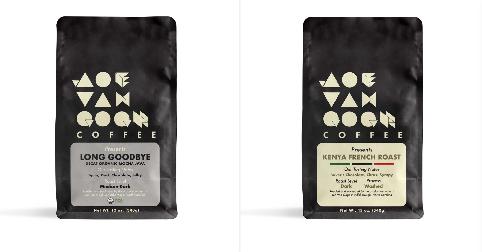 Two coffee bags from Joe Van Gogh Coffee