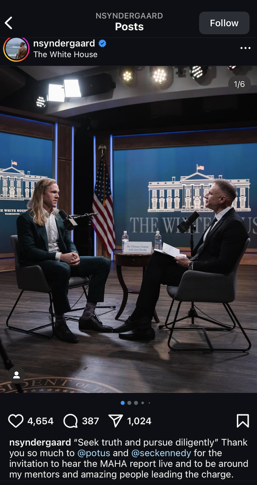 Noah Syndergaard Instagram post with multiple photos of him appearing as an ambassador at a White House healthcare event, over the caption, "“Seek truth and pursue diligently” Thank you so much to @potus and @seckennedy for the invitation to hear the MAHA report live and to be around my mentors and amazing people leading the charge."