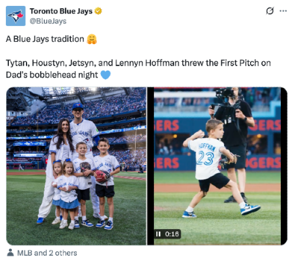 Tweet from the Blue Jays re: reliever Jeff Hoffman: "A Blue Jays tradition 🤗  Tytan, Houstyn, Jetsyn, and Lennyn Hoffman threw the First Pitch on Dad's bobblehead night" with a photo of Hoffman, his wife, and four young children