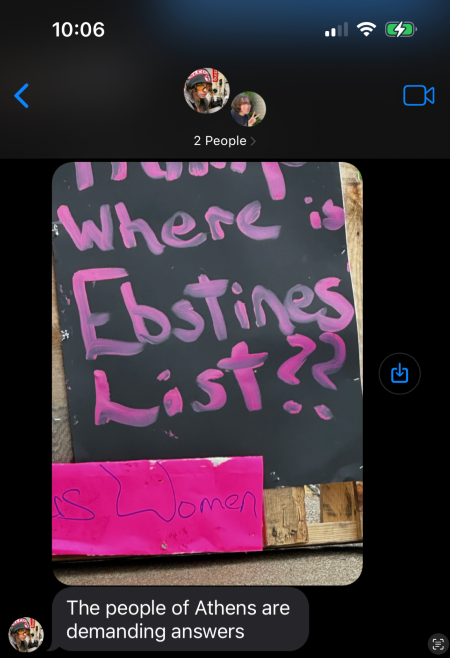 Text from my son with a photo of a hand-painted protest sign that reads "Where is Ebstein's List??"
