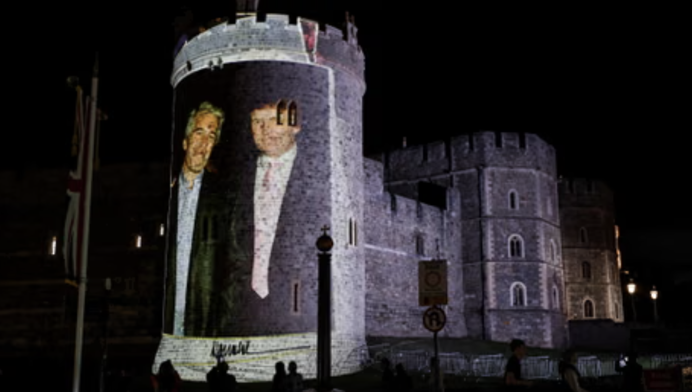 An image of Jeffrey Epstein and Donald Trump projected onto Windsor Castle