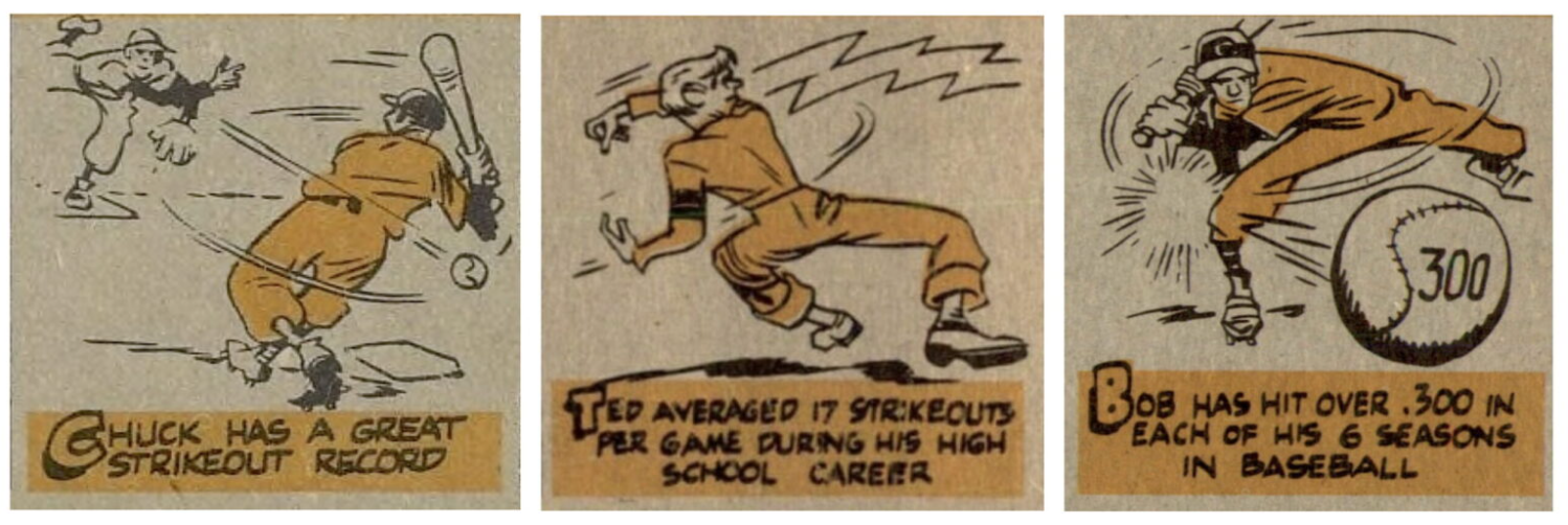 Three cartoons from the backs of baseball cards talking about a pitcher's strikeout or batting records