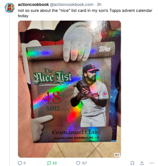 Post from the account Actioncookbook, saying "not so sure about the "nice" list card in my son's Topps advent calendar today." The card is for Emmanuel Clase, which says "the nice list" and notes 48 saves in 2024. 