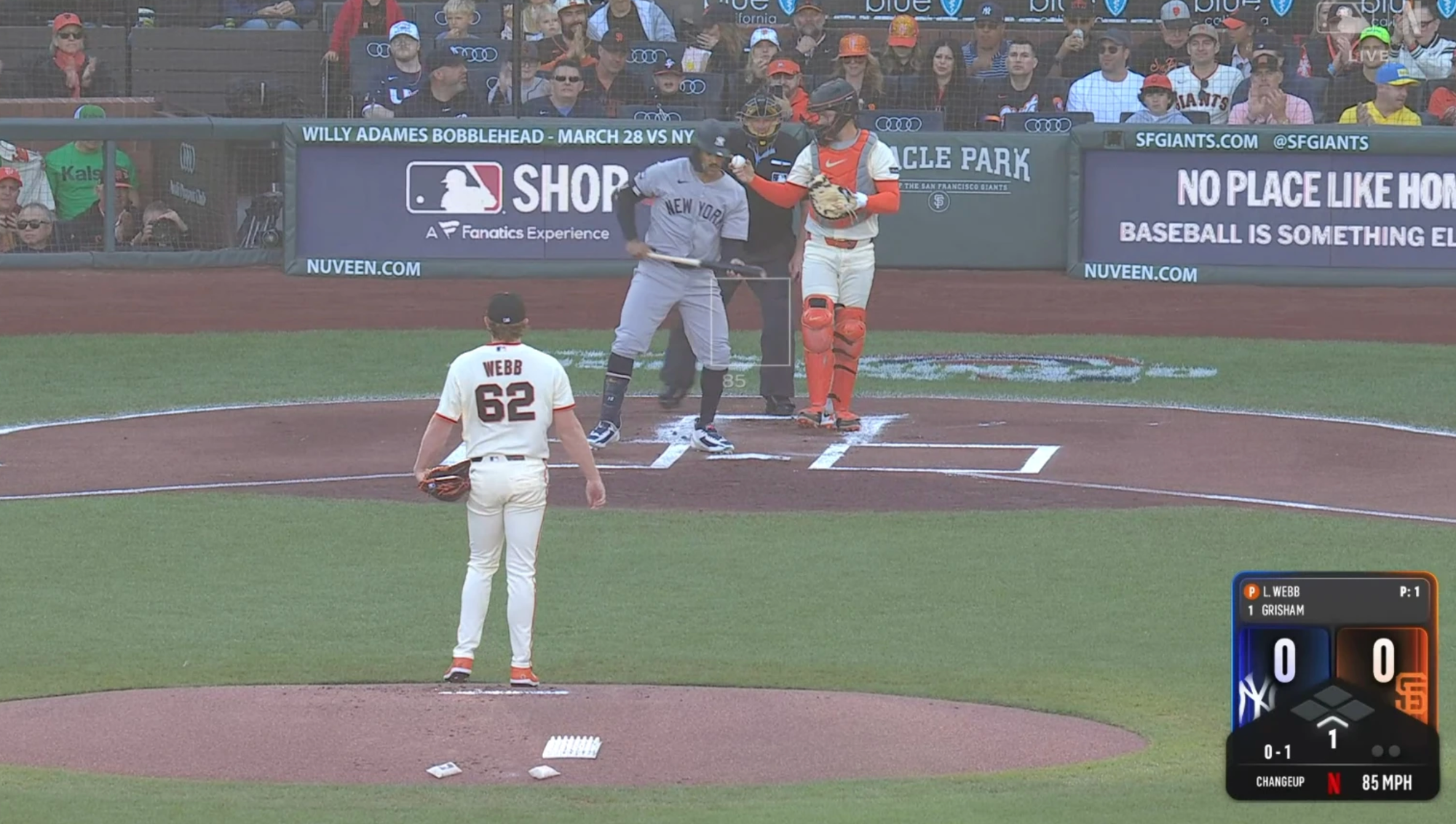 Screencap of the Netflix broadcast showing the scorebug in the lower righthand corner