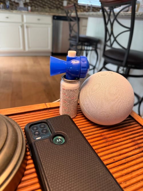 A literal goddamn air horn sitting on the table next to my mom's cell phone and their Alexa device