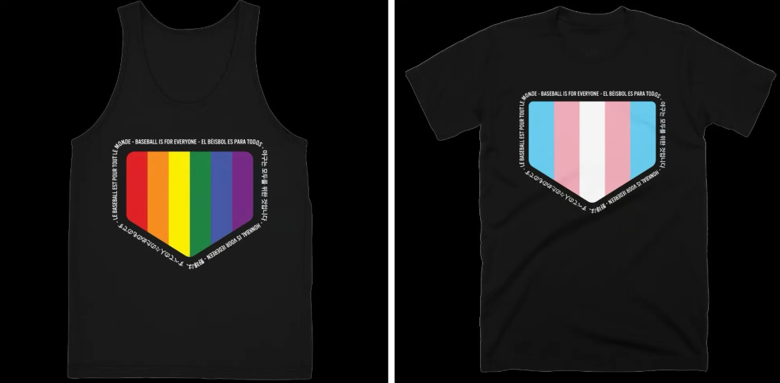 Two black shirts: one with a home plate-shaped graphic with the PRIDE rainbow flag on it, the other with the same shape but with the Transgender Pride flag on it