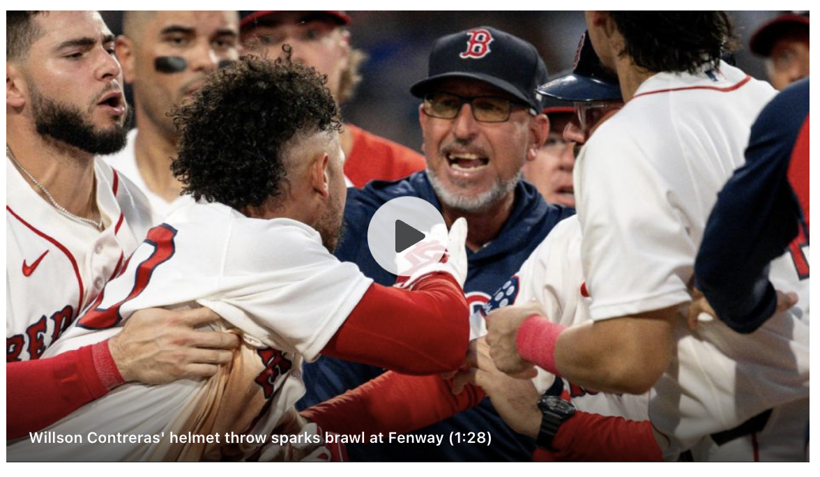 Video of the brawl with the caption "Willson Contreras' helmet throw sparks brawl at Fenway"