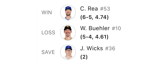 A graphic showing that Colin Rea got the win, Walker Buehler got the loss, and Jordan Wicks got the save