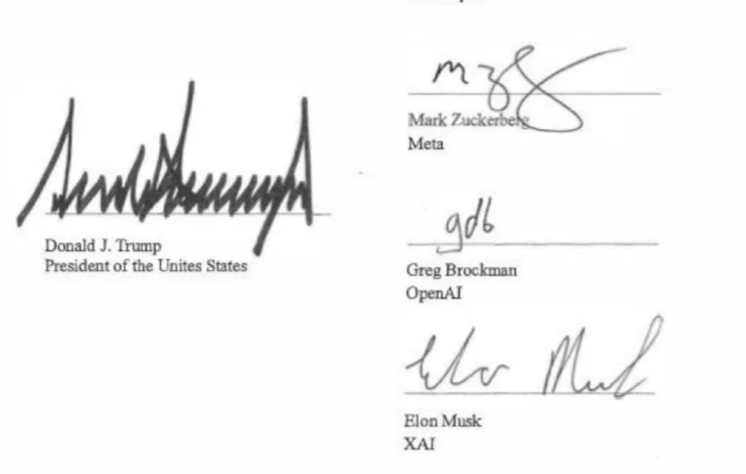 Signature block to a presidential accord, with Trump's title listed as "President of the Unites States"
