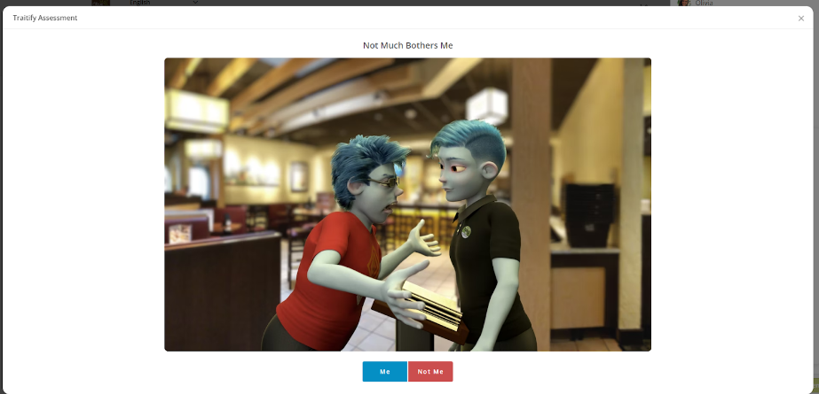 Blue humanoids arguing, with a choice below for "me" or "not me"