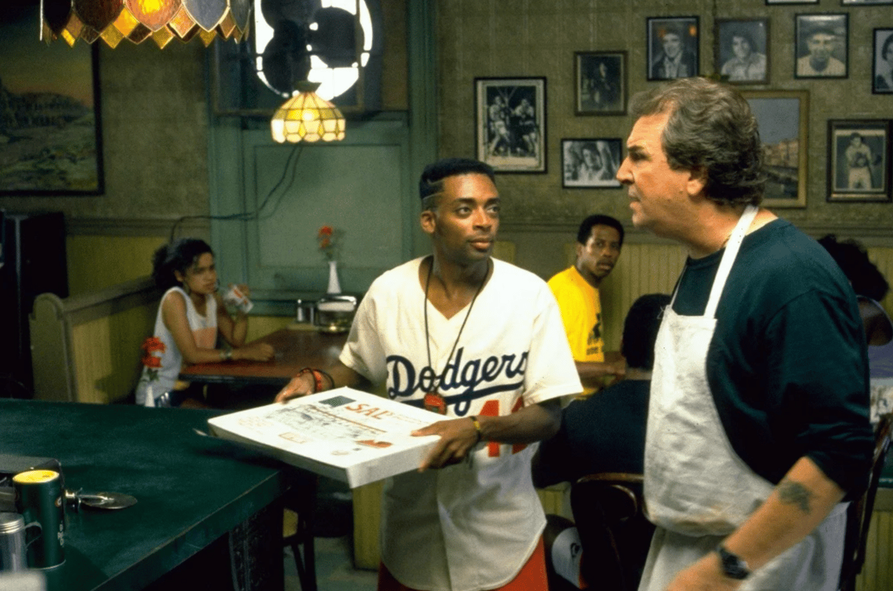 Still from "Do the Right Thing" with Spike Lee and Danny Aiello
