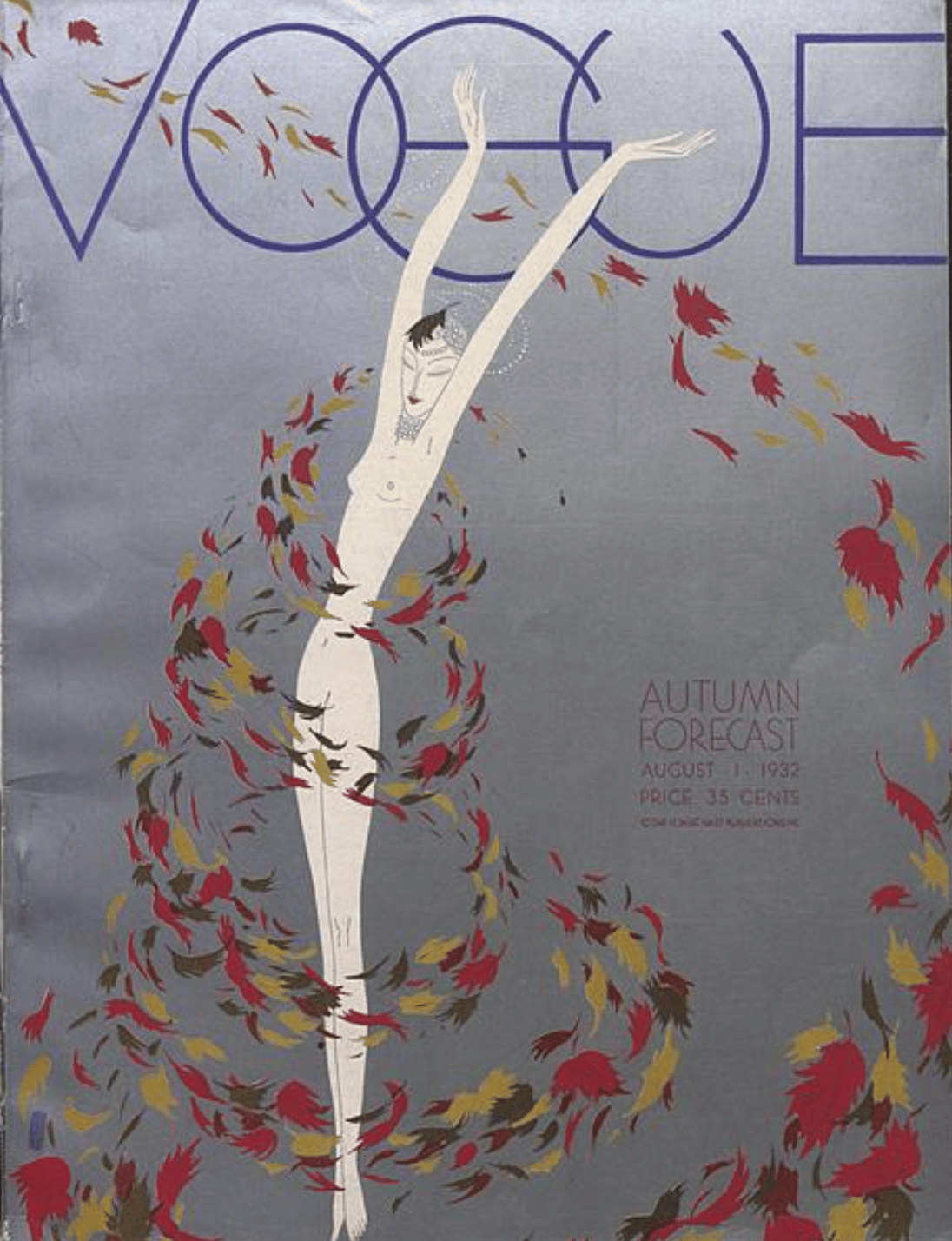 1932 cover of vogue magazie with a stylized artist's drawing of a nude figure surrounded by leaves